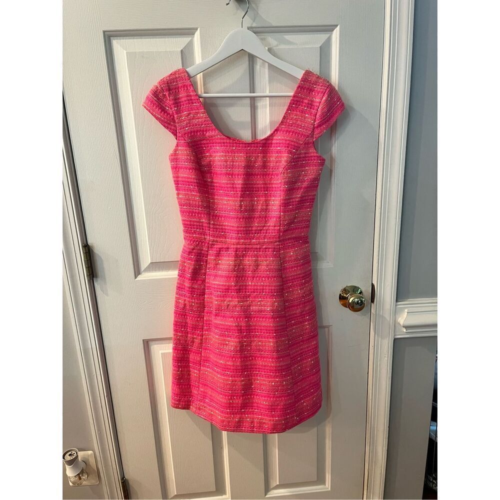 Lilly Pulitzer Pink Metallic Thread Cap Sleeve Tweed Fitted Party Dress sz 2 EUC